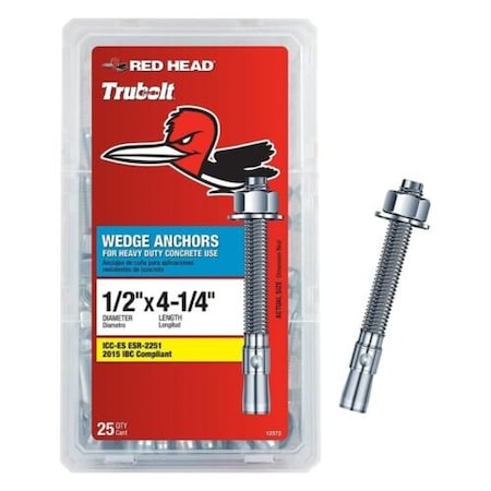 Red Head Wedge Anchor, 1/2" Dia., 4-1/4" L, 25 PK 12372